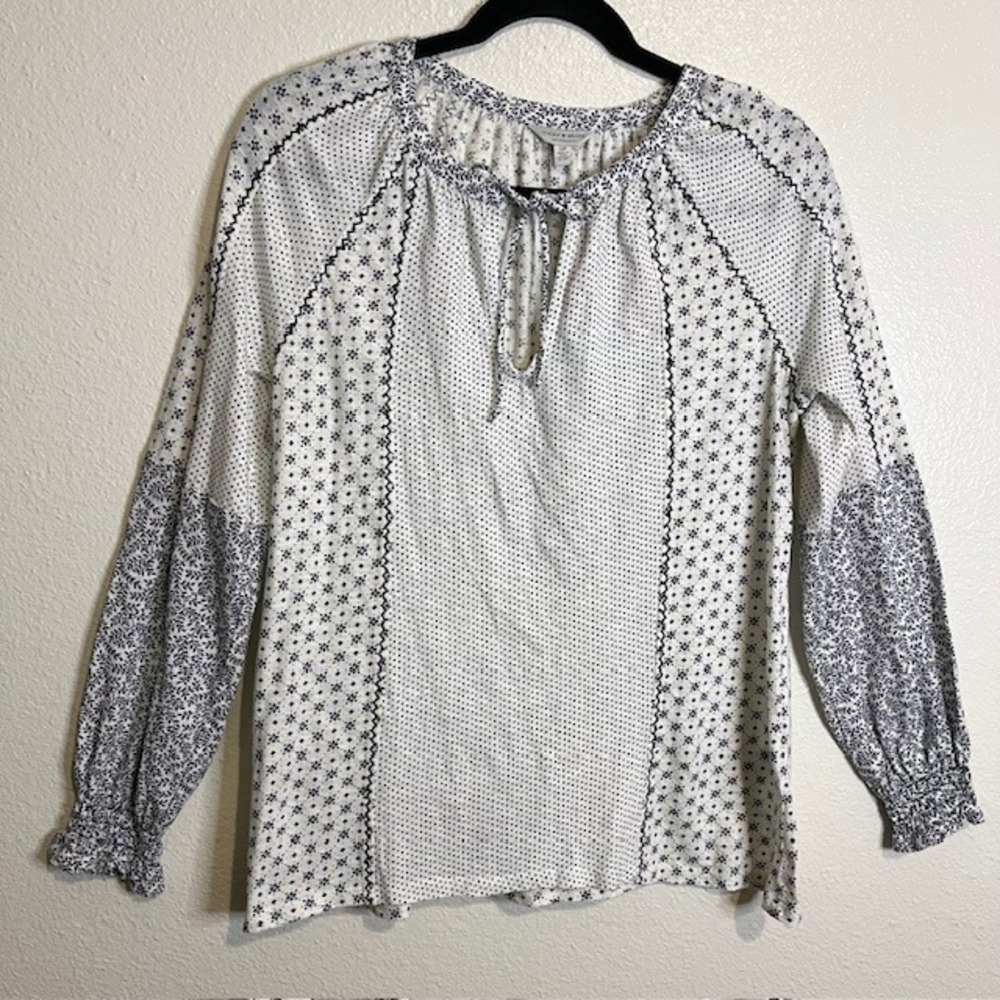 Lucky Brand Small Peasant Top Boho‎ Smocked Cuffs Tie Neck Floral Print Cottage